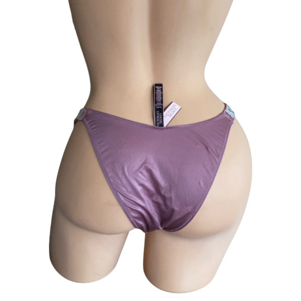 NWT VICTORIA'S SECRET MAUVE SMOOTH RHINESTONE SHINE STRAP LOGO BRAZILIAN PANTY - Picture 3 of 6